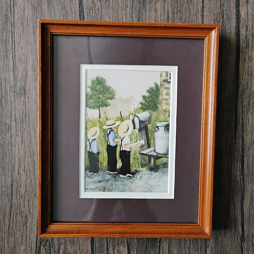 Amish Mailbox Scene Framed Artwork By Eric Mohn 11"x8" Vintage Watercolor Print